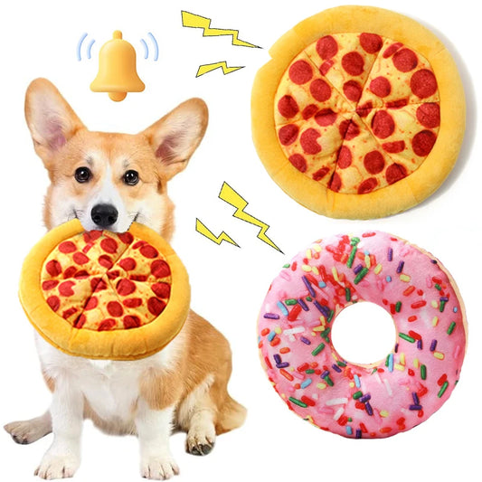 Plush Squeaky Dog Toy – Doughnut & Pizza Shapes for Chewing, Teeth Cleaning, and Play (Small & Large Dogs)